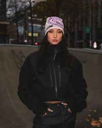 FFUJJI x Foreign Vintage Spiral Beanie Indigo Onyx worn outdoors - Mt Fuji inspired adventure beanie