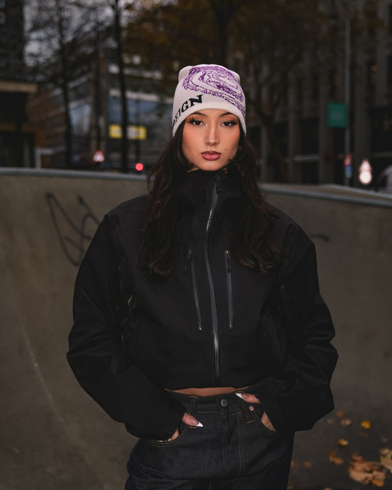 FFUJJI x Foreign Vintage Spiral Beanie Indigo Onyx worn outdoors - Mt Fuji inspired adventure beanie